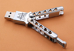 Balisong butterfly-style custom USB flash drive with moving parts
